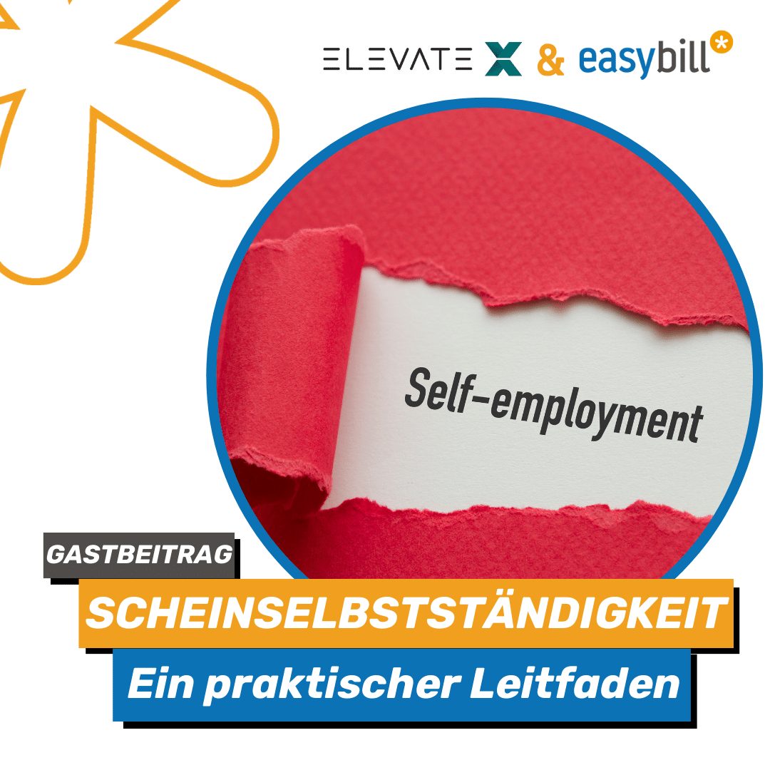 Aufgerissenes rotes Papier, das den Schriftzug 'Self-employment' freilegt, sowie einem organgefarbenen Banner mit der Aufschrift 'SCHEINSELBSTSTÄNDIGKEIT: Ein praktischer Leitfaden'