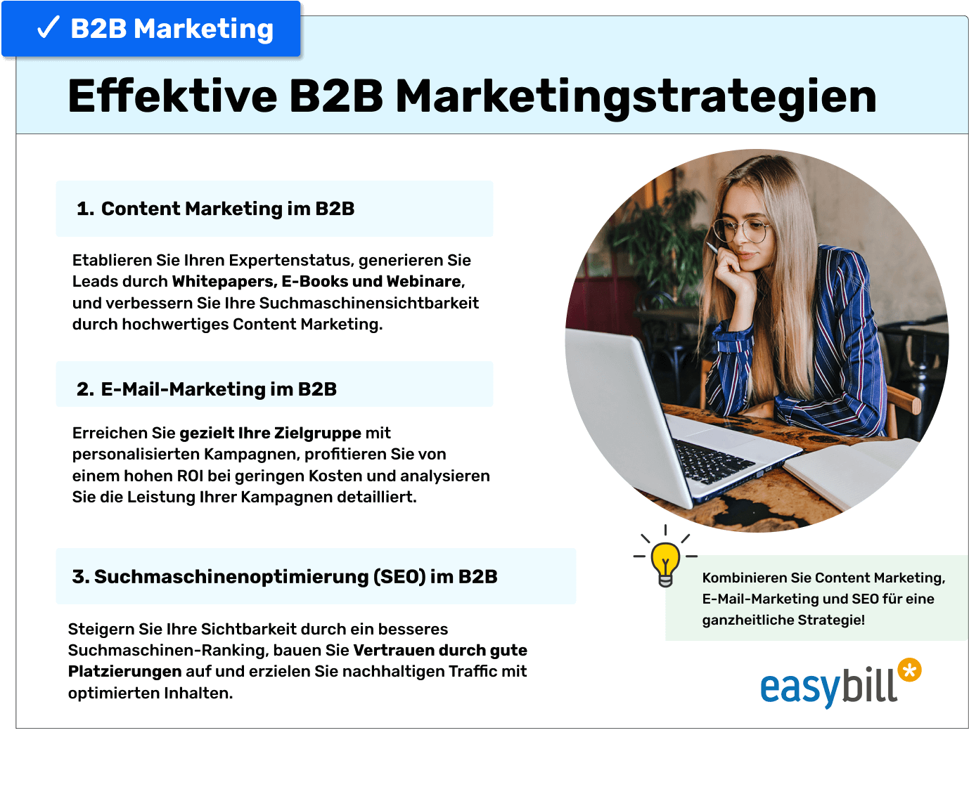 Effektive B2B Marketingstrategien: Content Marketing, E-Mail-Marketing und Suchmaschinenoptimierung (SEO) für nachhaltigen Erfolg. Frau am Laptop, die an einer B2B-Marketingstrategie arbeitet