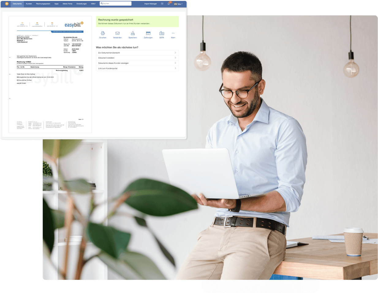 Unternehmer nutzt die Easybill E-Rechnung Software auf seinem Laptop und zeigt eine Vorschau einer erstellten E-Rechnung