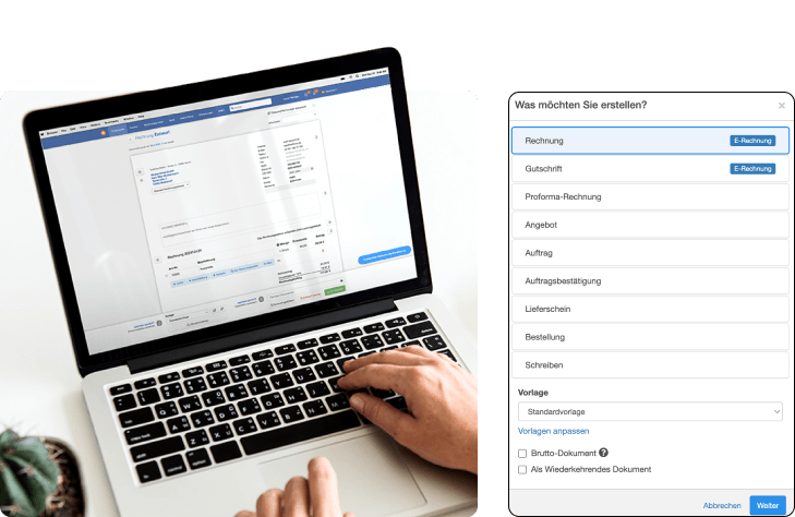 Eine Person arbeitet an einem Laptop, auf dem die Benutzeroberfläche von easybill zur Erstellung von E-Rechnungen zu sehen ist. Rechts im Bild wird ein Menü angezeigt, in dem verschiedene Dokumenttypen wie Rechnung, Gutschrift und Angebot ausgewählt werden können.