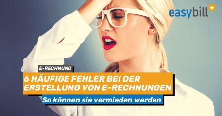 Headerbild Blog zum Thema 6 häufige Fehler bei der E-Rechnungserstellung, blonde Frau im Hintergrund mit weißer Brille, die sich mit der Hand vor die Stirn schlägt