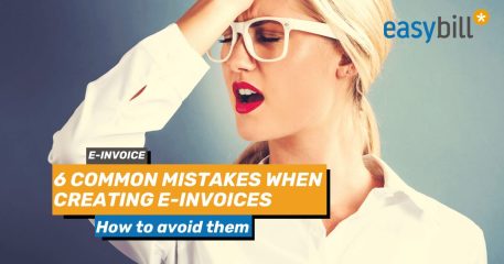 Header image blog on the topic of 6 common mistakes in e-invoicing, blonde woman in the background with white glasses, slapping her forehead with her hand