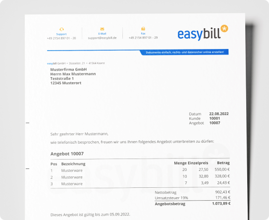  Beispiel eines Angebotsdokuments erstellt mit easybill, inklusive Firmenlogo, Kundendaten und detaillierter Preisaufstellung.
