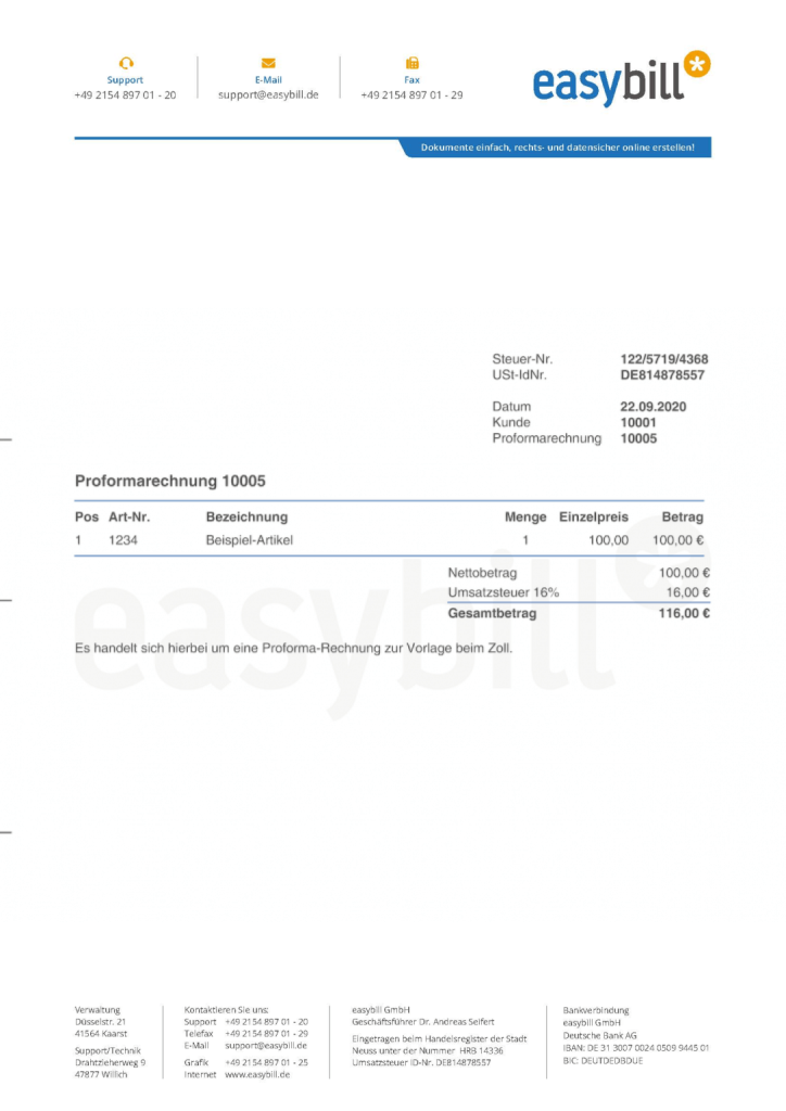 Beispiel einer Proformarechnung, erstellt mit easybill, zur Vorlage beim Zoll, inklusive Artikelbezeichnung, Mengenangabe und Preisübersicht.