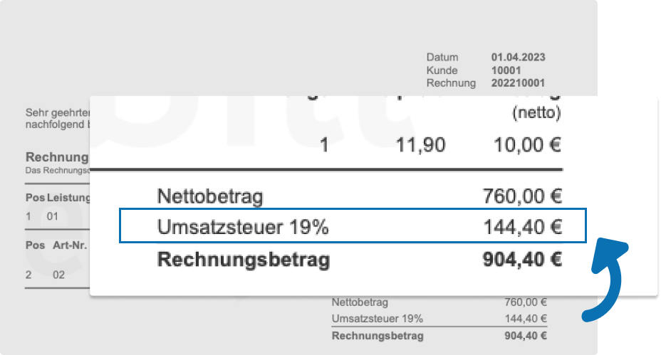 Beispiel einer Rechnung mit ausgewiesener Umsatzsteuer von 19% auf einen Nettobetrag von 760 Euro, was zu einer Mehrwertsteuer von 144,40 Euro und einem Gesamtrechnungsbetrag von 904,40 Euro führt.