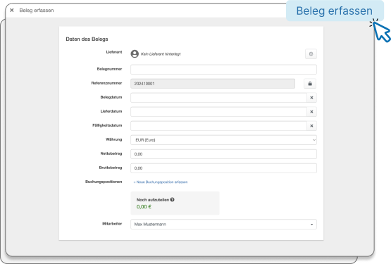 Benutzeroberfläche von easybill zur Erfassung eines Belegs, mit Feldern für Lieferant, Belegnummer, Beträge und Buchungsposten sowie der Möglichkeit, Mitarbeiter zuzuweisen.