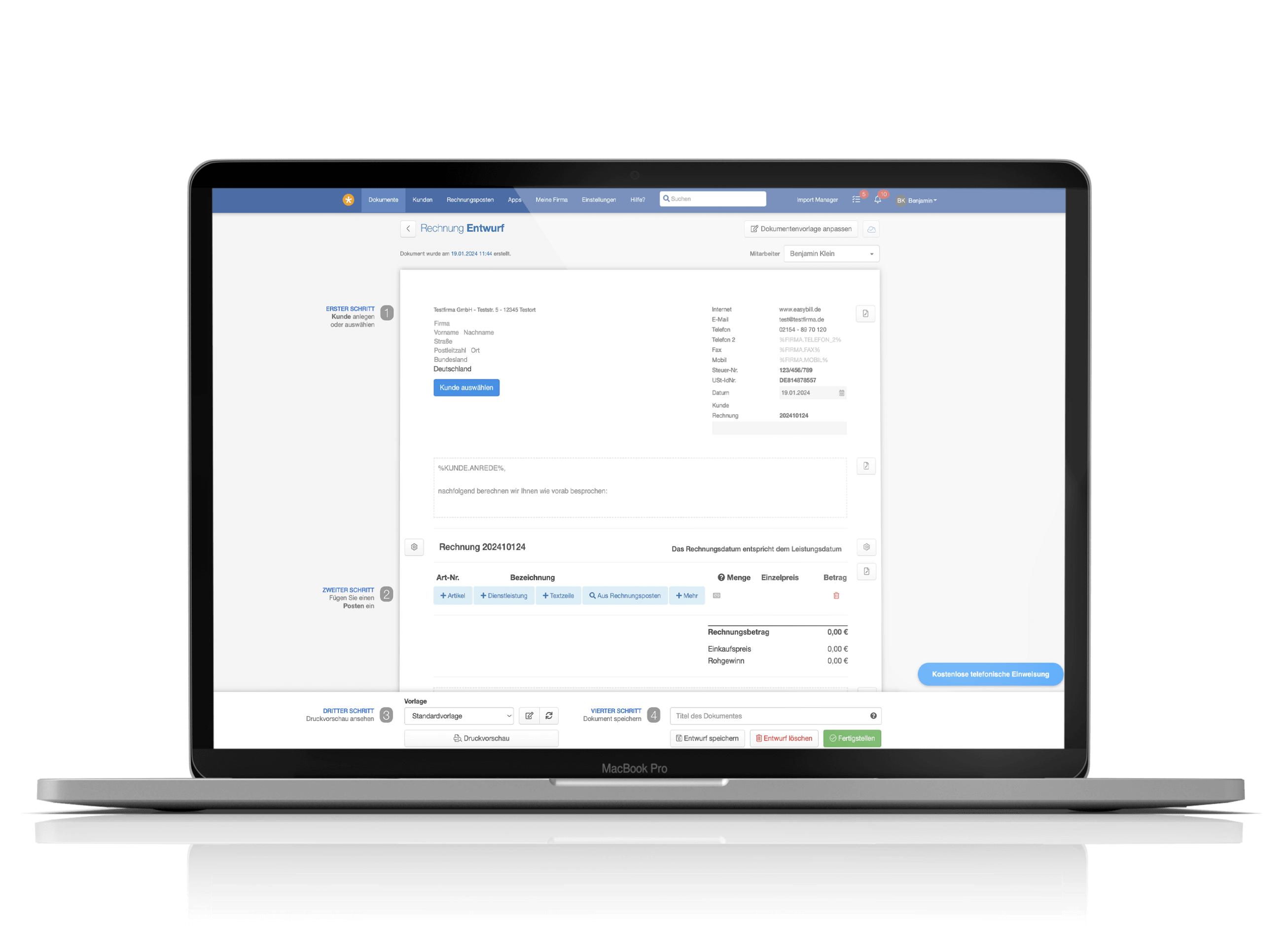 Benutzeroberfläche des easybill Rechnungsprogramms auf einem Laptop, zeigt den Entwurf einer Rechnung mit verschiedenen Eingabefeldern und Optionen zur Fertigstellung.