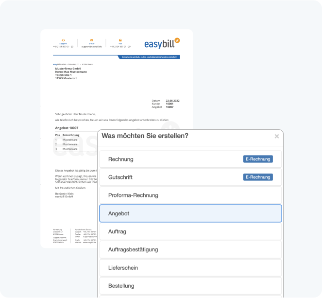 Benutzeroberfläche von easybill zur Erstellung eines Angebots, mit Optionen zur Auswahl zwischen Rechnung, Gutschrift, Wiederholungsrechnung und Angebot sowie einer Vorlageeinstellung.
