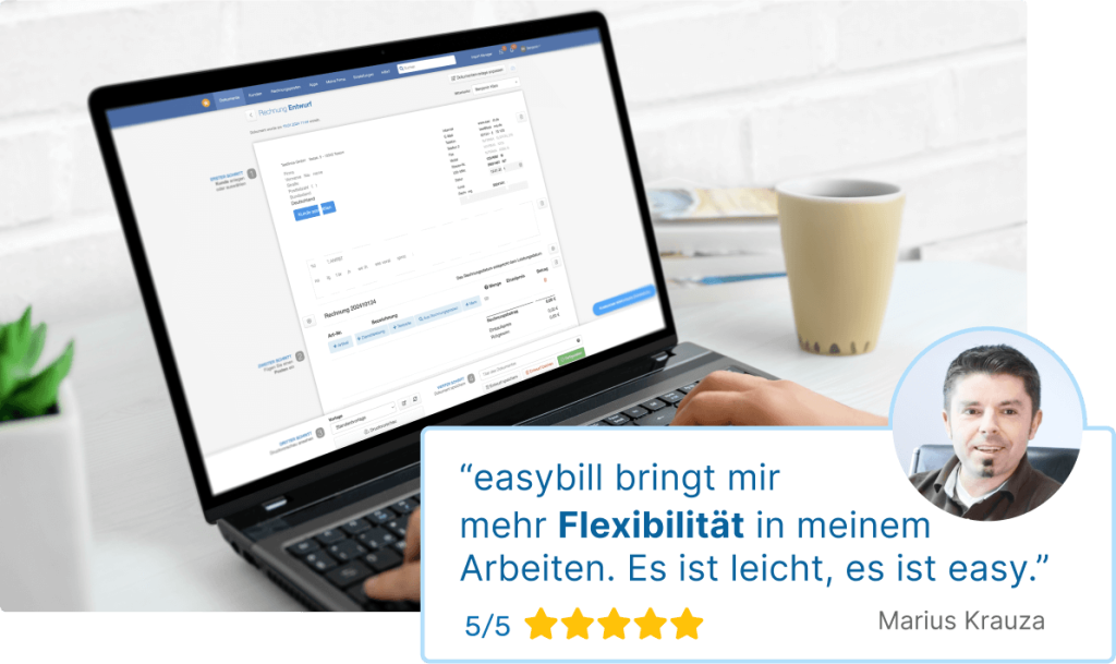 Ein Nutzer erstellt eine Rechnung in easybill auf einem Laptop. Kundenbewertung zeigt 5 Sterne mit dem Zitat: “easybill bringt mir mehr Flexibilität in meinem Arbeiten. Es ist leicht, es ist easy.”