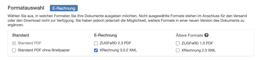 Auswahl der E-Rechnungsformate in easybill: Standard PDF, XRechnung 3.0.2 XML, ZUGFeRD 2.2 PDF